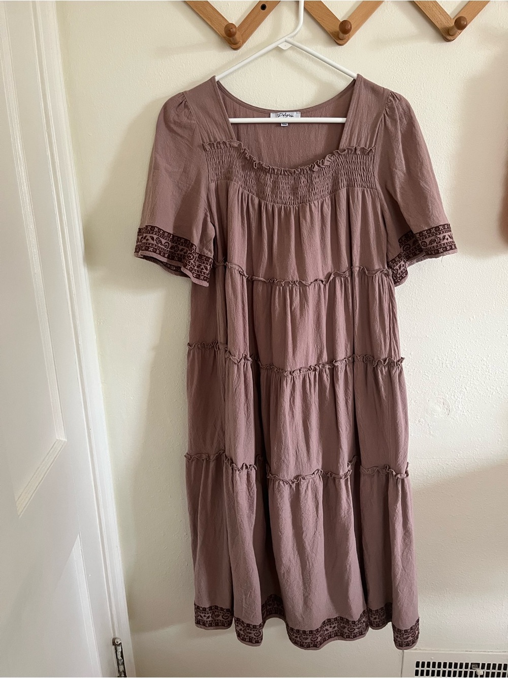Mauve Tiered Midi Dress with Embroidered Trim